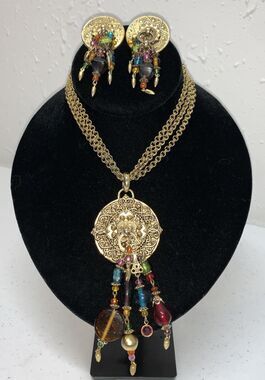 Vintage Mythological Beaded Medallion Necklace Earrings Set Gypsy Mermaid Boho